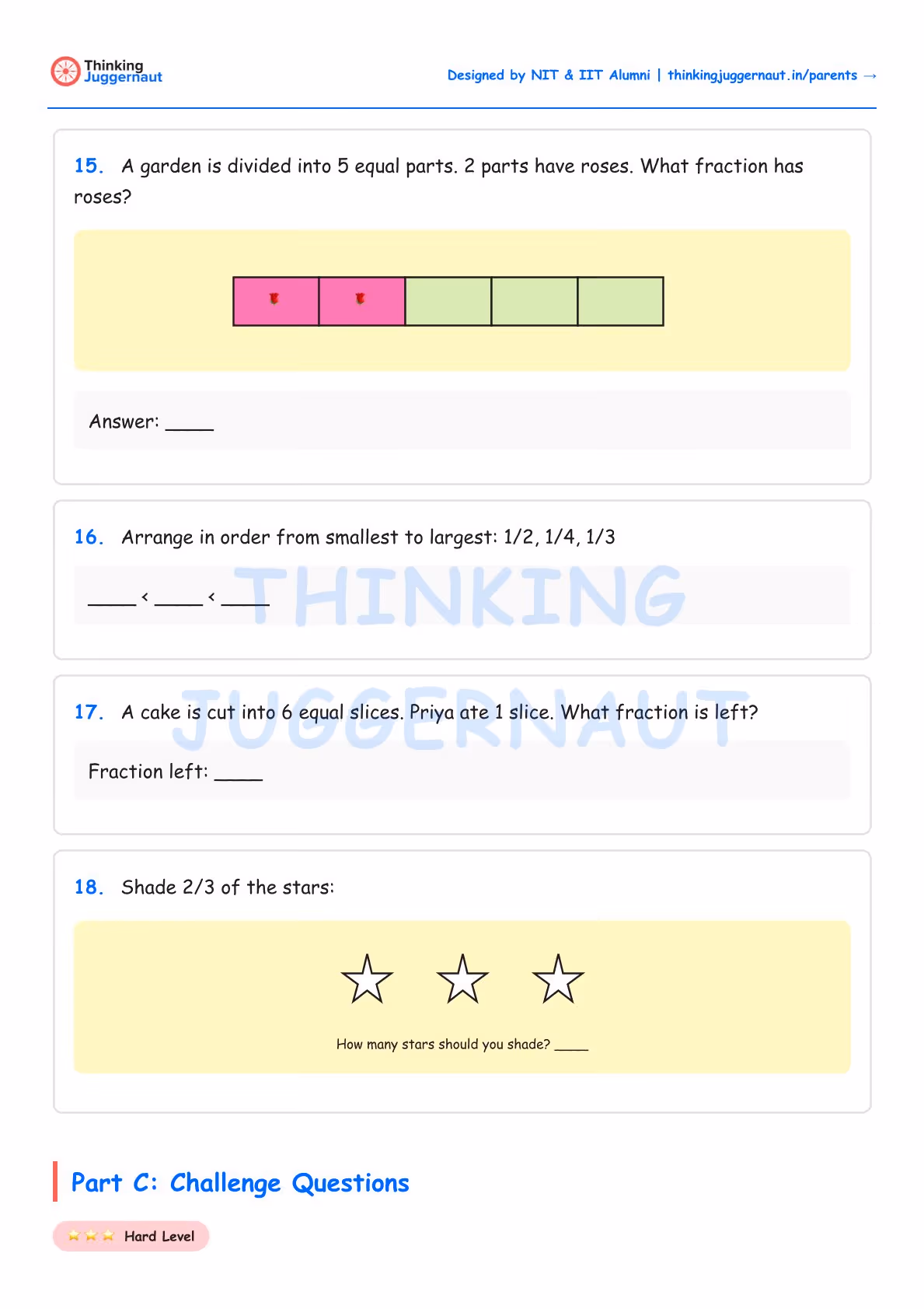 Worksheet with four fraction problems: 15 shows 5 equal parts with 2 shaded pink for roses, 16 asks to order fractions 1/2, 1/4, 1/3, 17 asks fraction left after eating 1 of 6 cake slices, 18 shows 3 stars and asks to shade 2/3 of them.