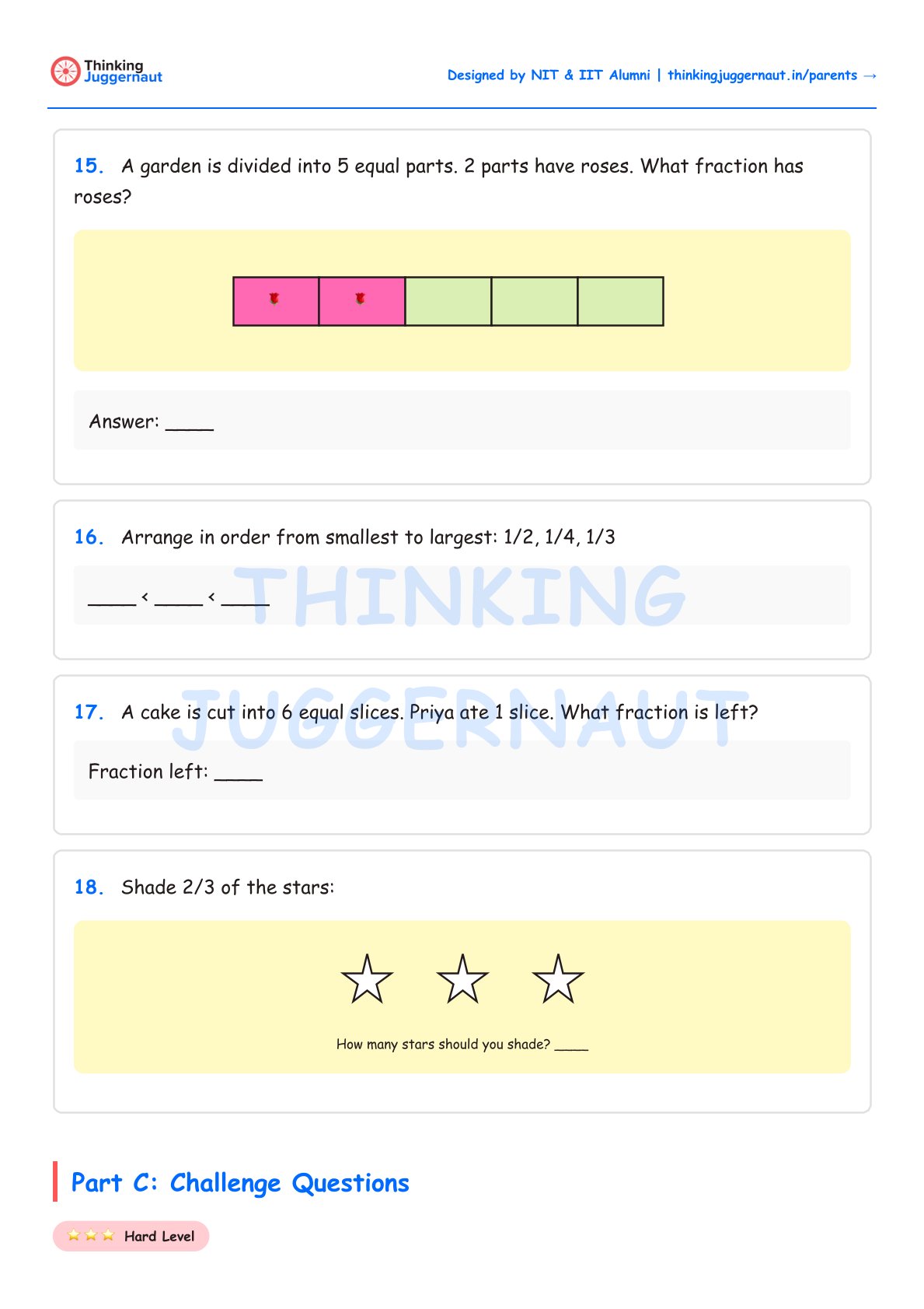 Worksheet with four fraction problems: 15 shows 5 equal parts with 2 shaded pink for roses, 16 asks to order fractions 1/2, 1/4, 1/3, 17 asks fraction left after eating 1 of 6 cake slices, 18 shows 3 stars and asks to shade 2/3 of them.