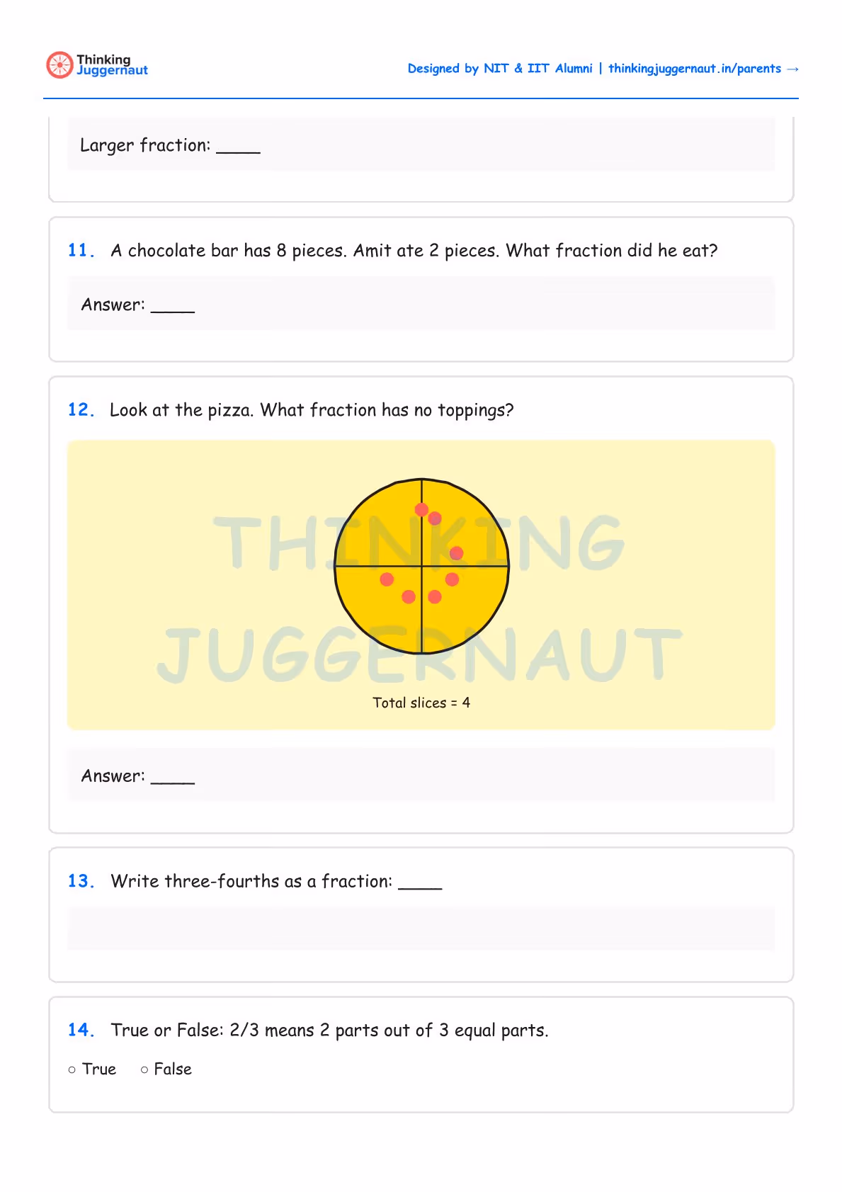 Math worksheet page with fraction problems including a pizza divided into 4 slices, showing toppings on three slices and no toppings on one slice.