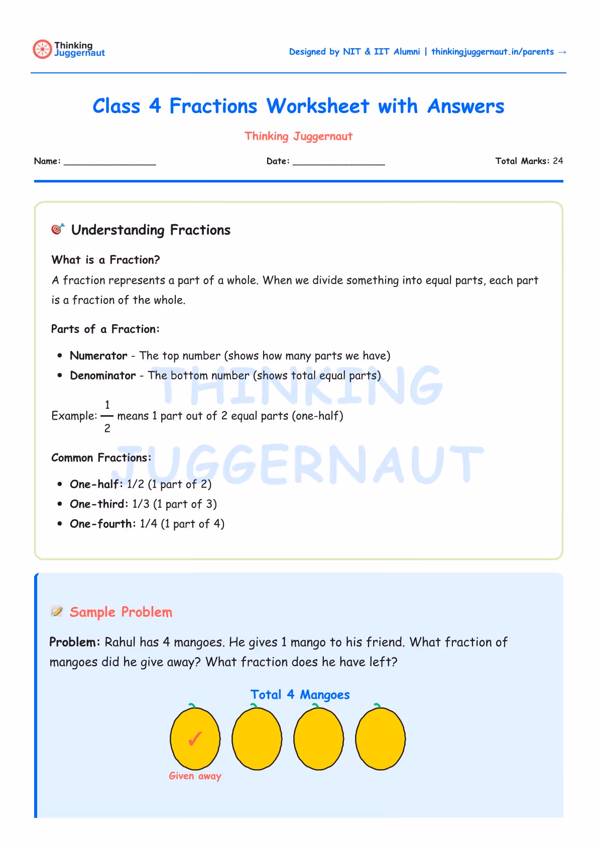 Class 4 fractions worksheet explaining what fractions are, parts of fractions, common fractions, and a sample problem about giving away 1 out of 4 mangoes.