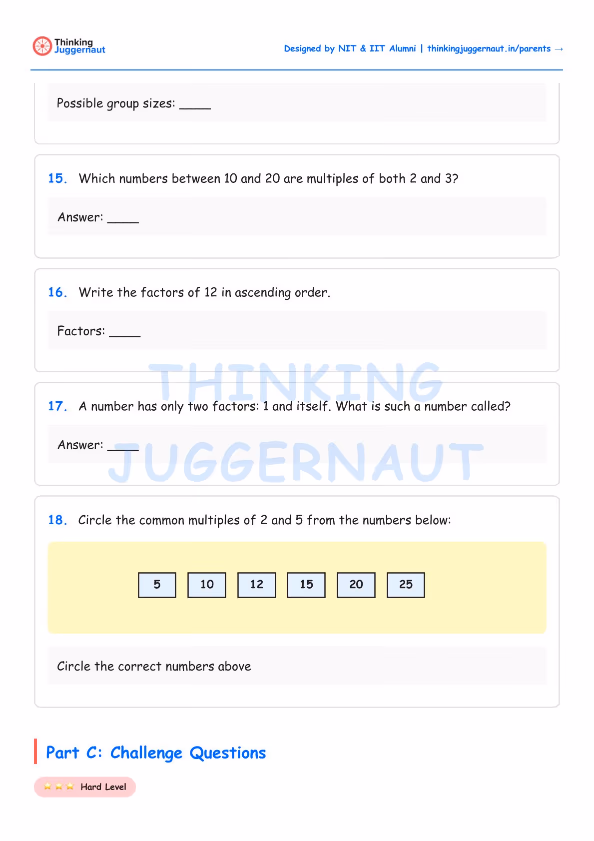 Math worksheet with questions on factors and multiples including identifying multiples between 10 and 20, listing factors of 12, defining a number with two factors, and circling common multiples of 2 and 5 from numbers 5, 10, 12, 15, 20, and 25.