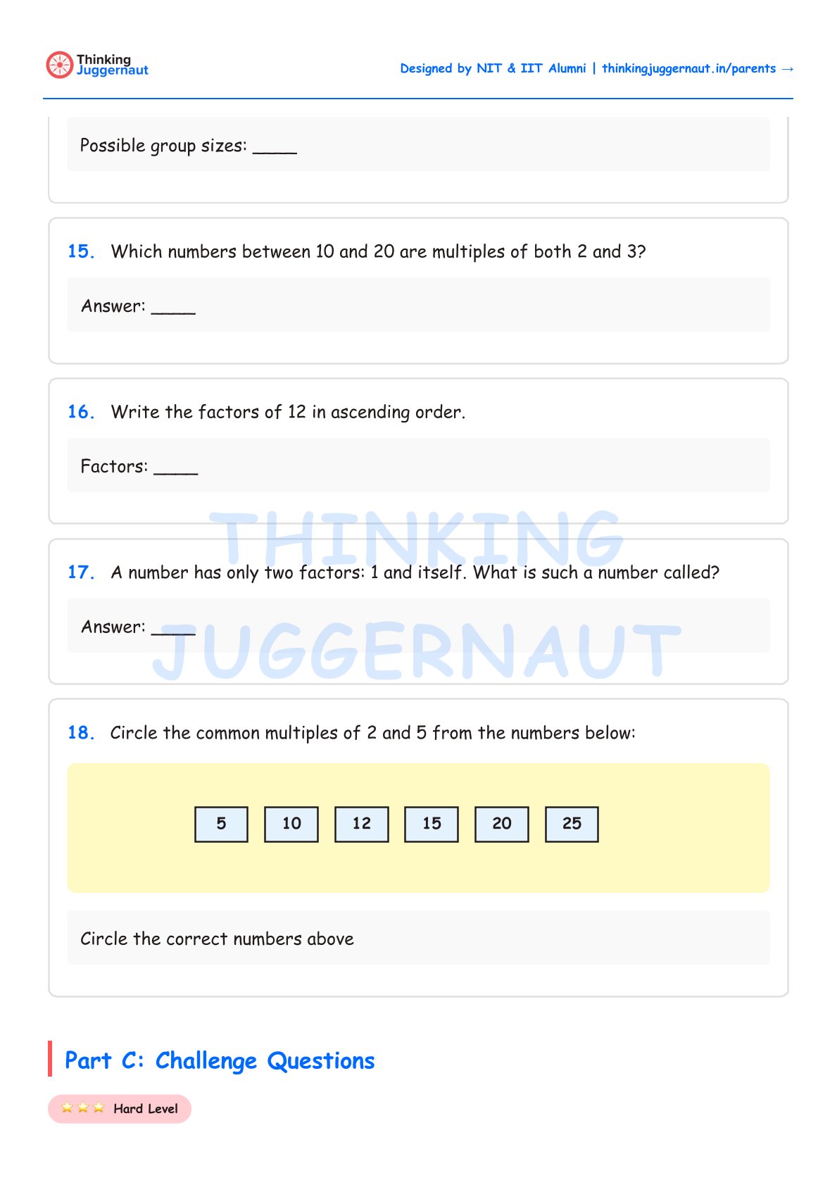 Math worksheet with questions on factors and multiples including identifying multiples between 10 and 20, listing factors of 12, defining a number with two factors, and circling common multiples of 2 and 5 from numbers 5, 10, 12, 15, 20, and 25.