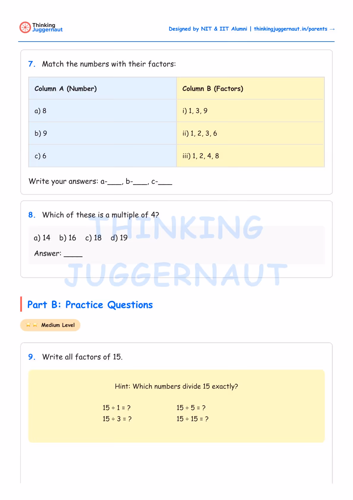 Math worksheet with questions on matching numbers to factors, identifying multiples of 4, and listing all factors of 15.