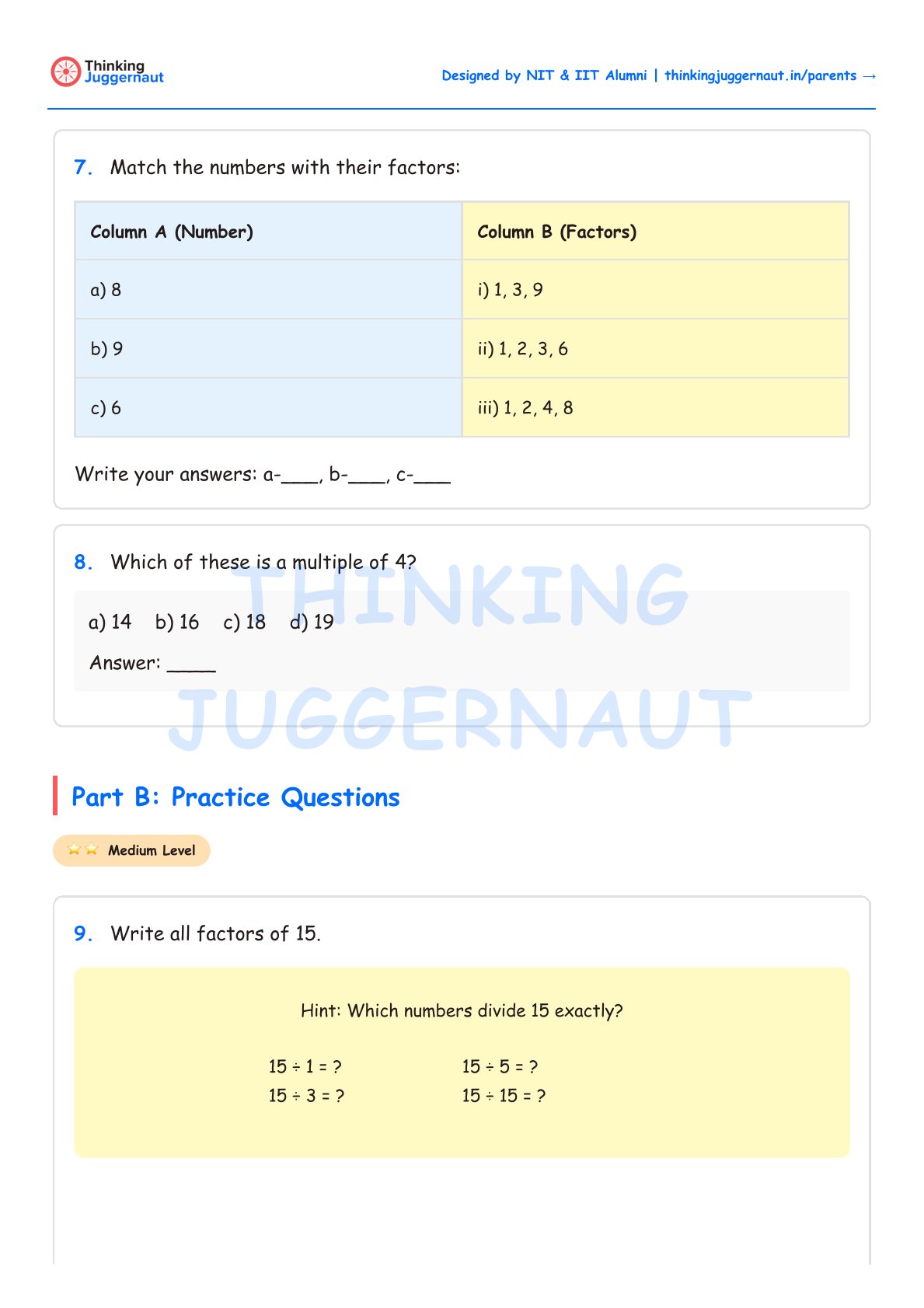 Math worksheet with questions on matching numbers to factors, identifying multiples of 4, and listing all factors of 15.