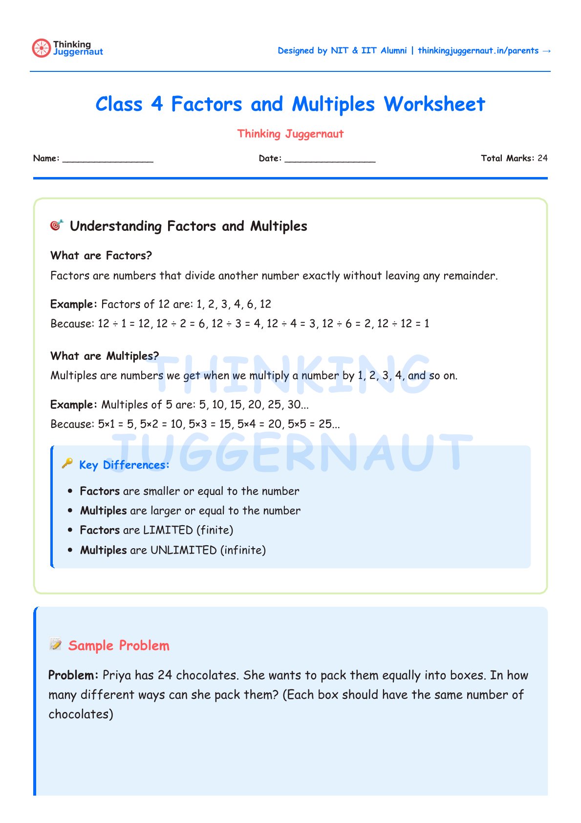 Class 4 Factors and Multiples Worksheet explaining factors, multiples, key differences, and a sample problem about packing 24 chocolates equally into boxes.