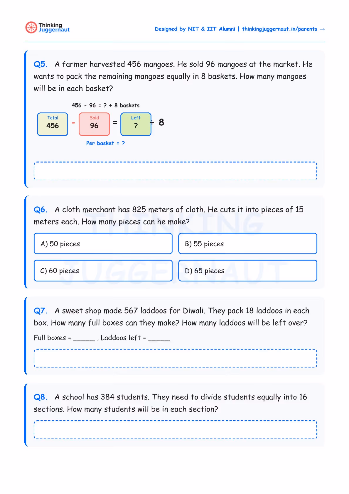 Class 4 division word problems worksheet with questions about dividing mangoes into baskets, cutting cloth into pieces, packing laddoos in boxes, and dividing students into sections.
