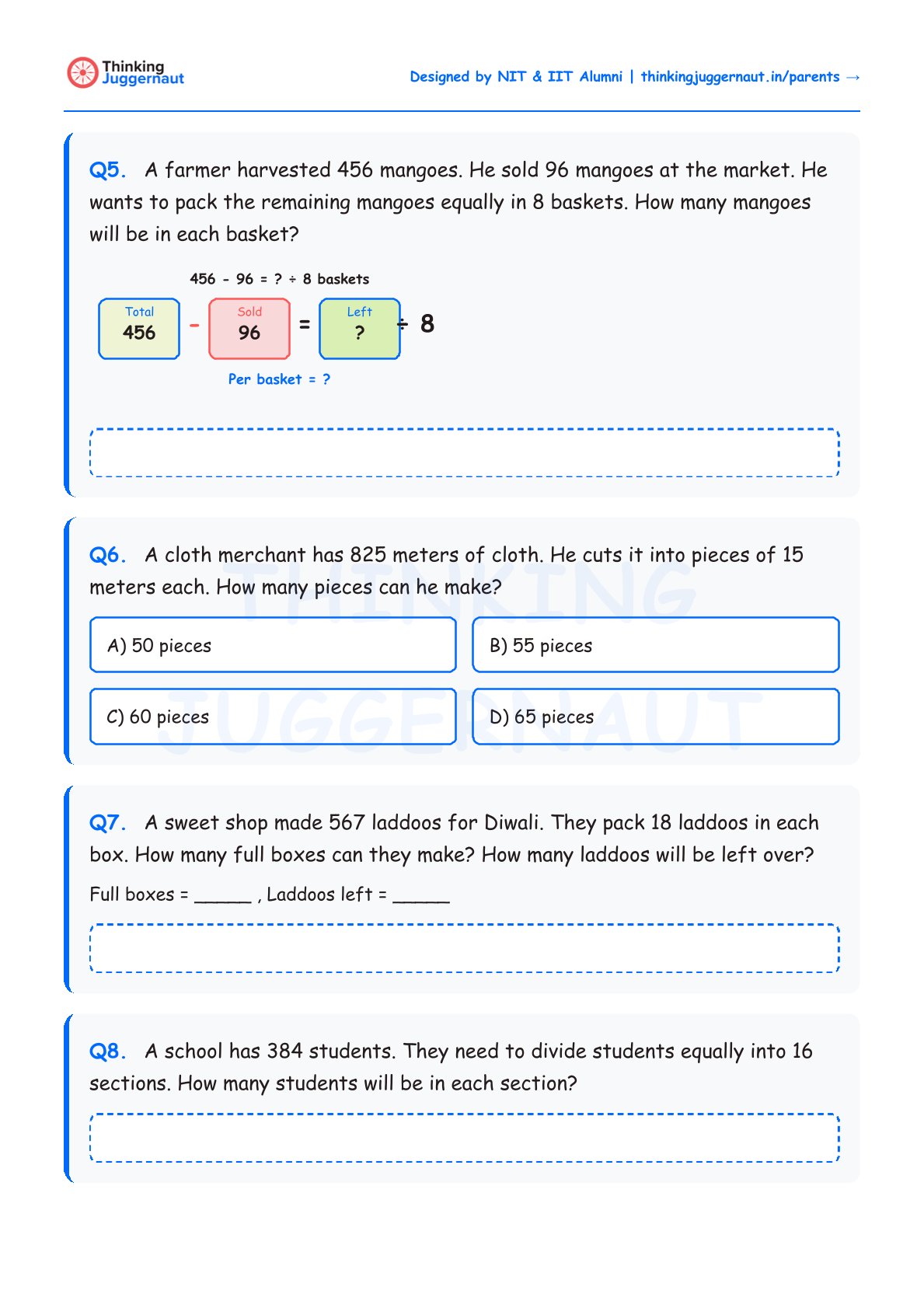Class 4 division word problems worksheet with questions about dividing mangoes into baskets, cutting cloth into pieces, packing laddoos in boxes, and dividing students into sections.