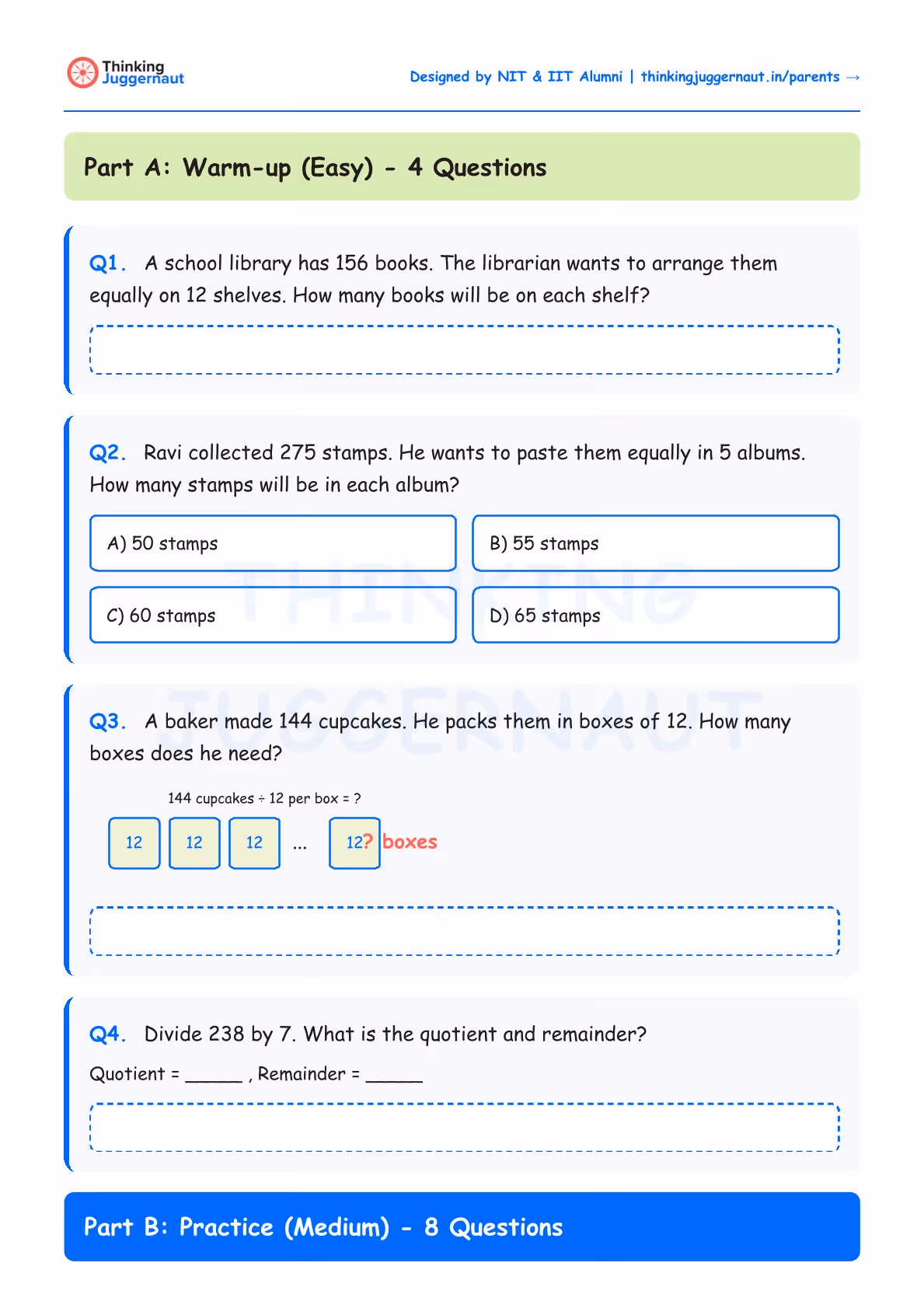 Class 4 division word problems worksheet with four questions on dividing books, stamps, cupcakes, and division with quotient and remainder.