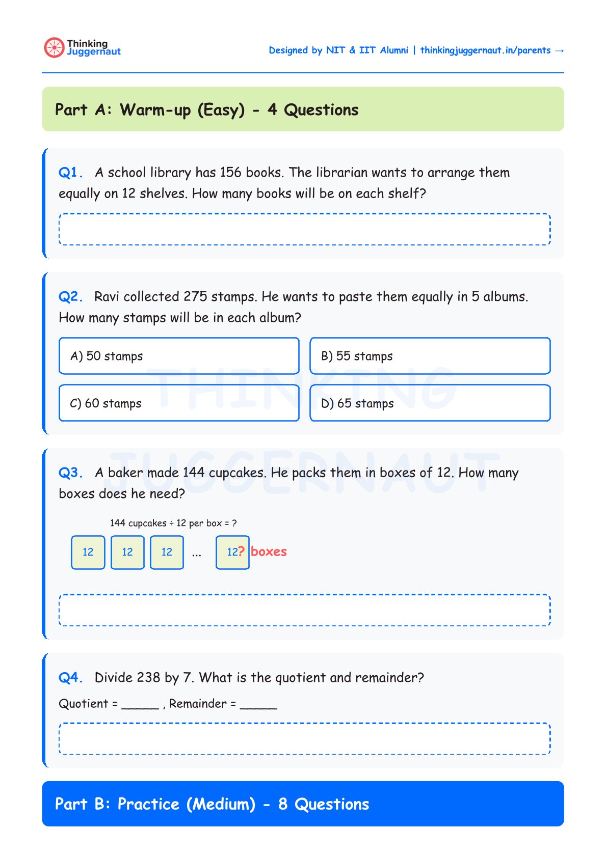 Class 4 division word problems worksheet with four questions on dividing books, stamps, cupcakes, and division with quotient and remainder.
