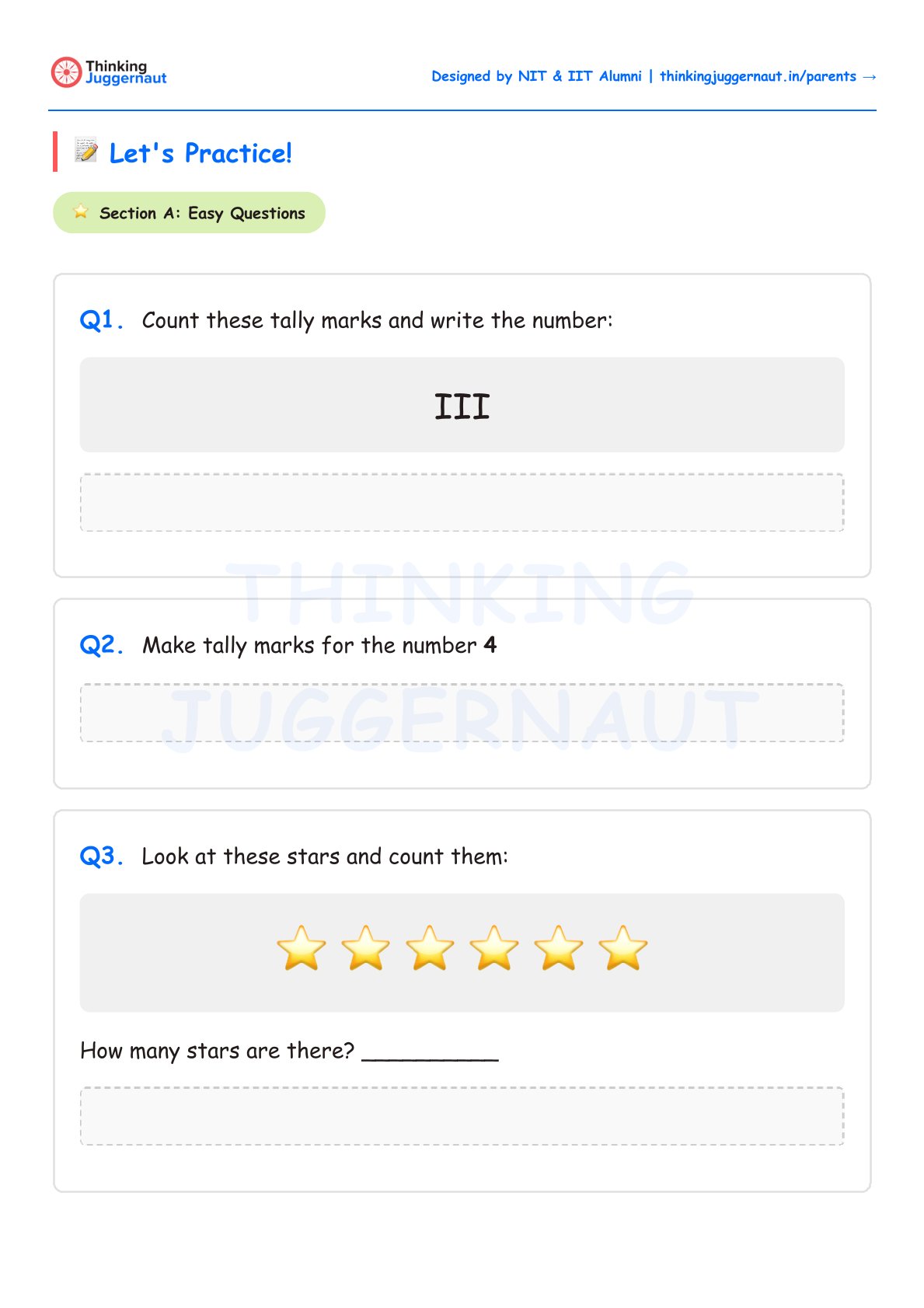 Worksheet with three questions on tally marks and counting stars, including tally marks showing three, instructions to make tally marks for number four, and six star emojis to count.