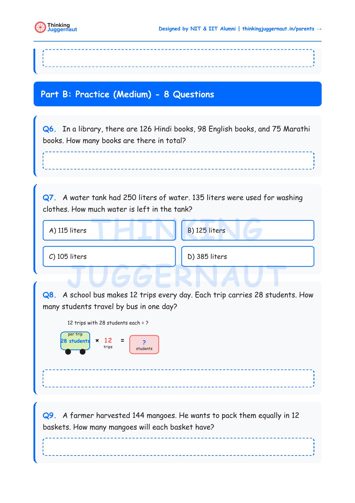 Class 3 medium practice worksheet with 4 word problems involving addition, subtraction, multiplication, and division.