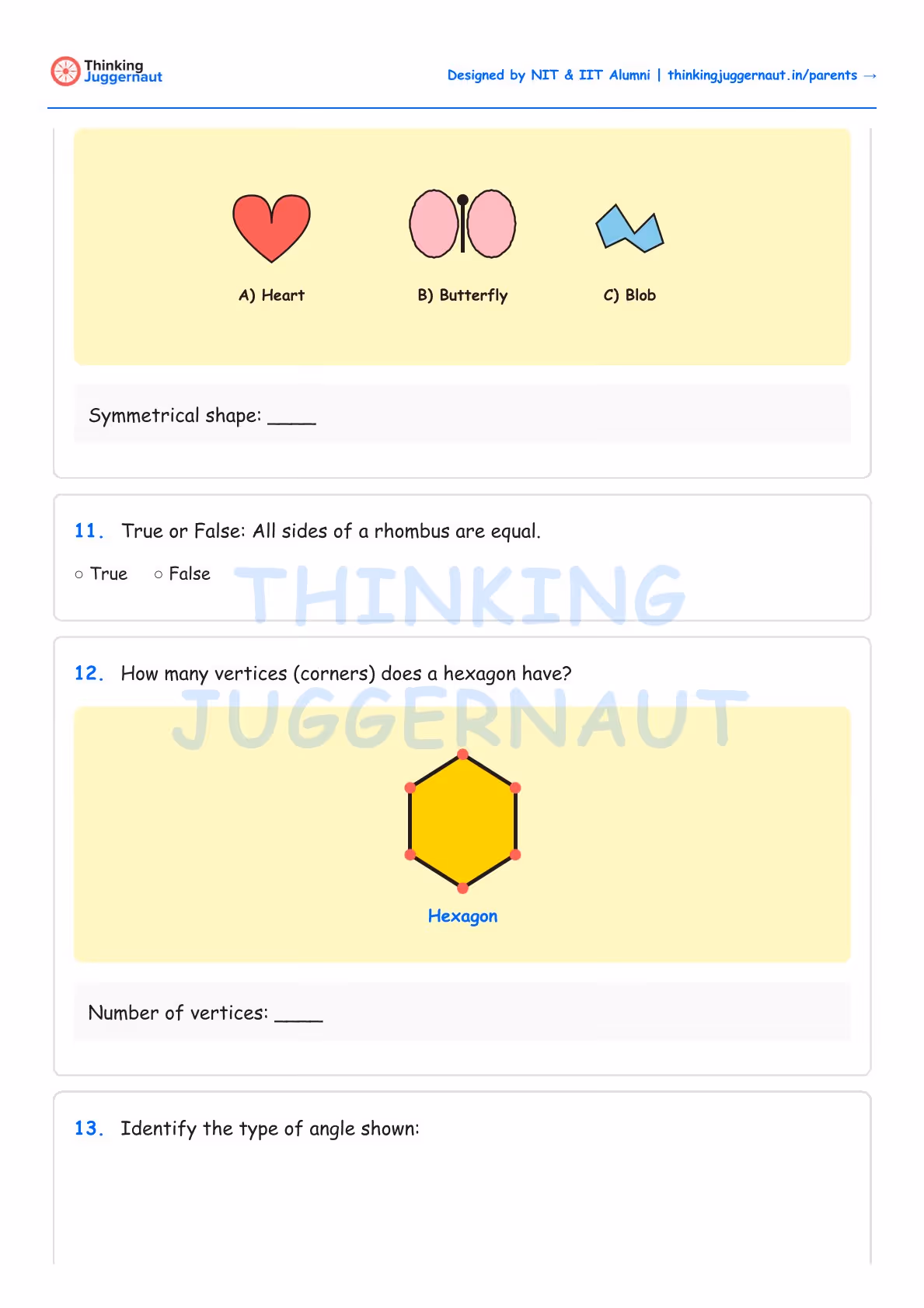 Class 3 geometry worksheet with a question on identifying symmetrical shape among heart, butterfly, and blob; true or false question about rhombus sides; and a hexagon illustration asking for number of vertices.
