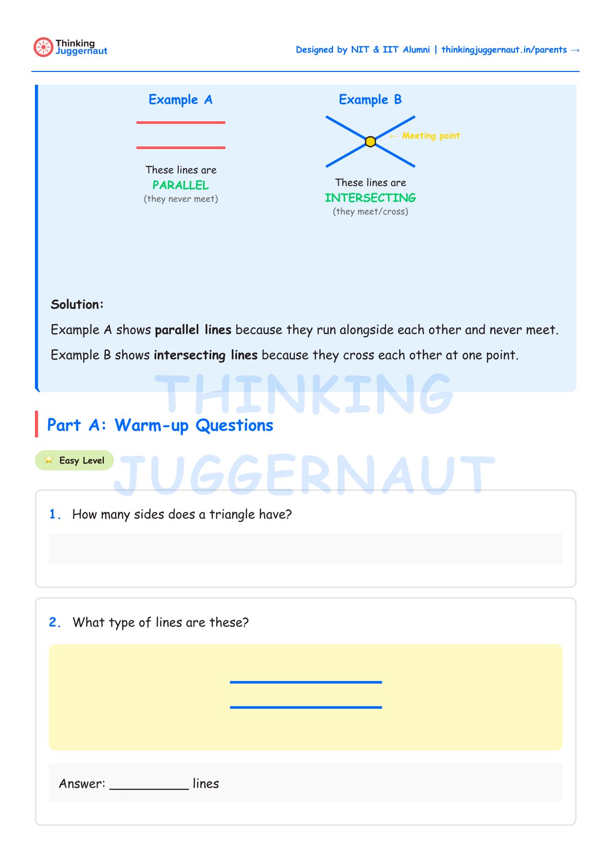 Educational worksheet explaining parallel and intersecting lines with examples, followed by warm-up questions about triangle sides and line types.