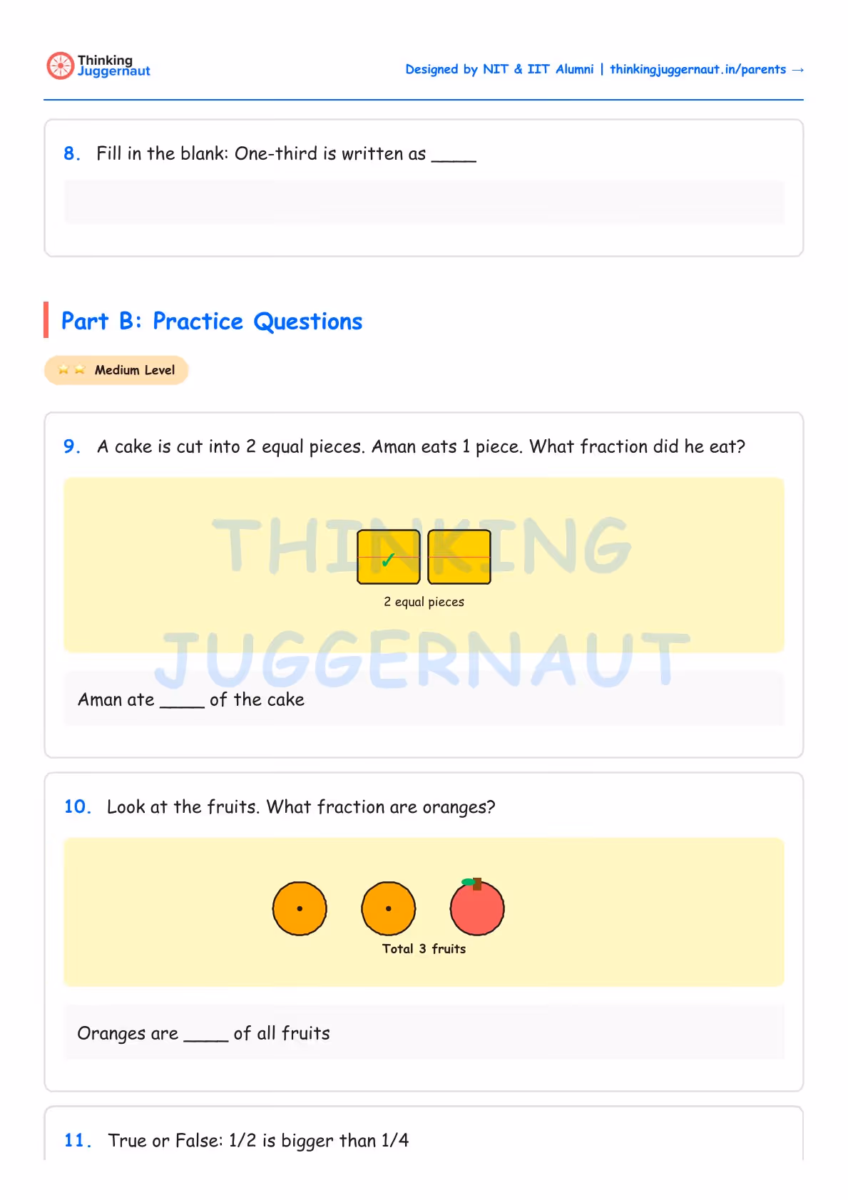 Fraction worksheet with fill-in-the-blank and practice questions including a cake cut into 2 pieces and fruits showing 2 oranges and 1 apple.