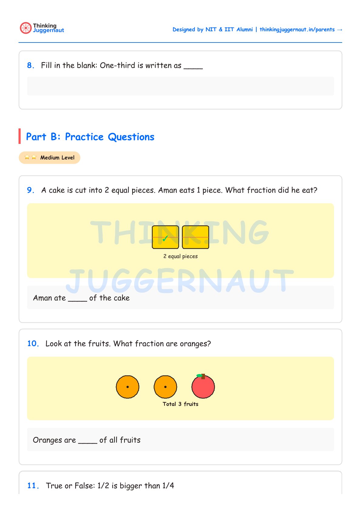 Fraction worksheet with fill-in-the-blank and practice questions including a cake cut into 2 pieces and fruits showing 2 oranges and 1 apple.