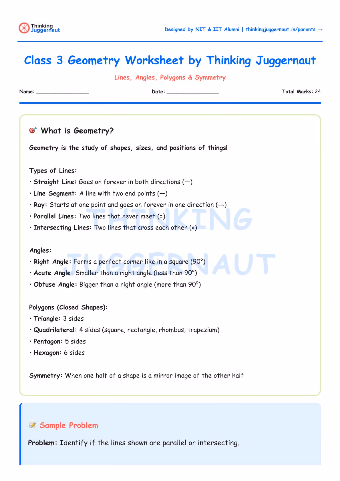 Class 3 Geometry Worksheet explaining types of lines, angles, polygons, and symmetry, with a sample problem to identify if lines are parallel or intersecting.