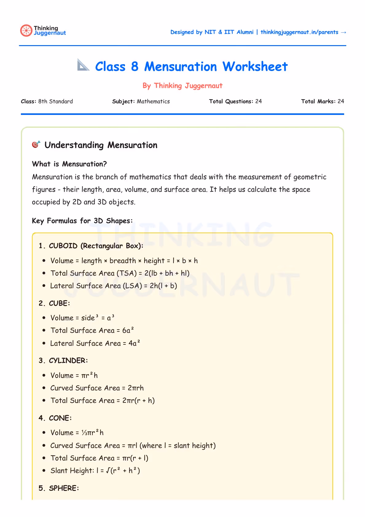 Class 8 Mensuration Worksheet showing key formulas for 3D shapes including cuboid, cube, cylinder, and cone with explanations of volume and surface area formulas.