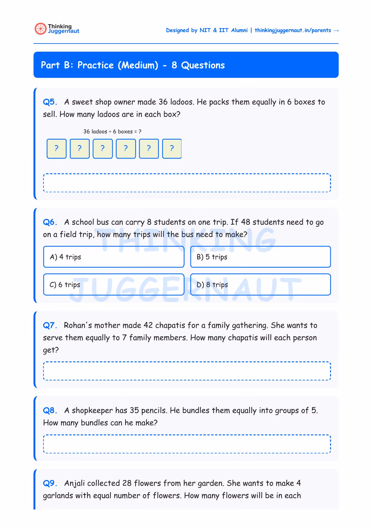 Math worksheet titled 'Part B: Practice (Medium) - 8 Questions' featuring division word problems about sharing ladoos, bus trips, chapatis, pencil bundles, and flowers equally.