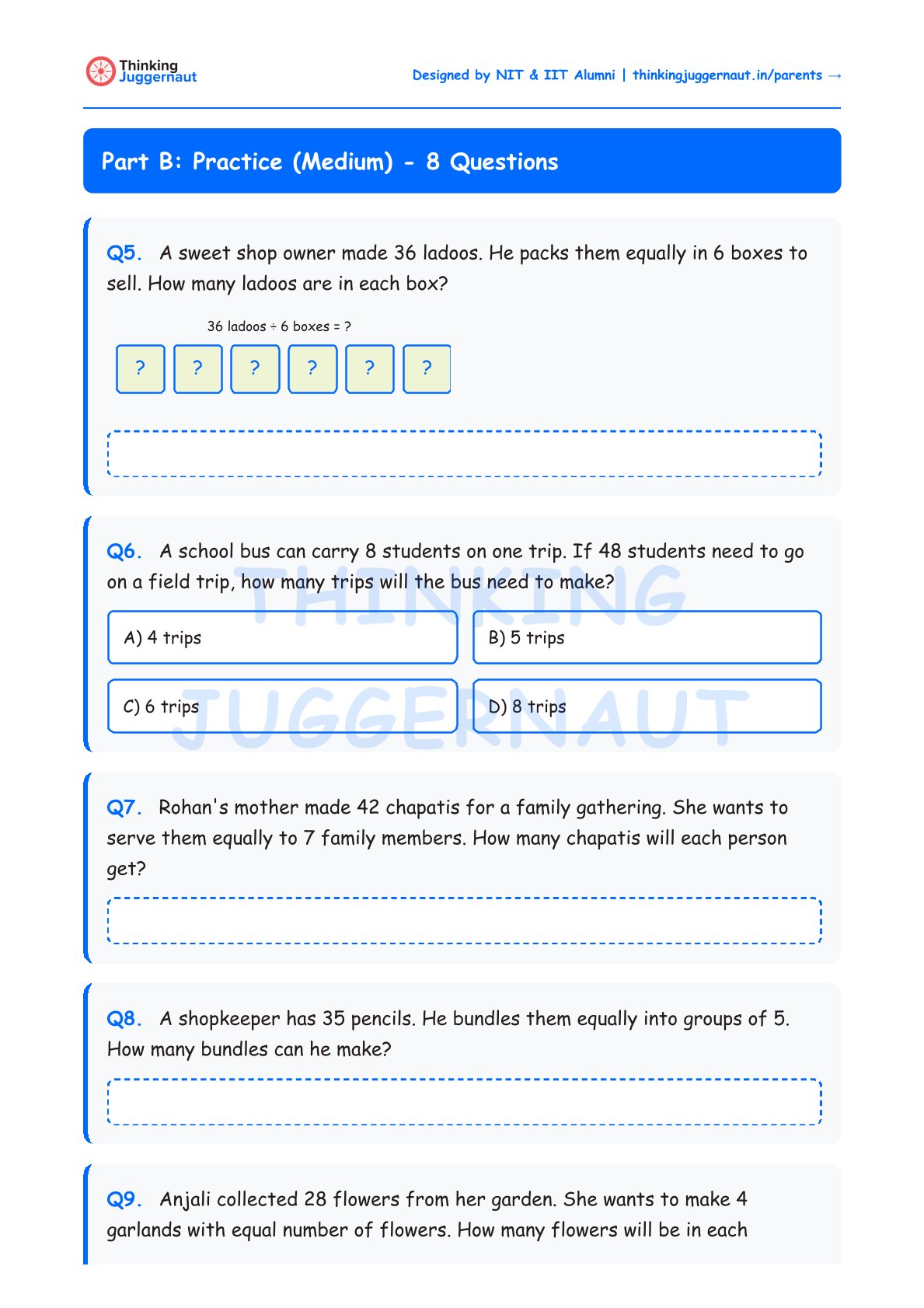 Math worksheet titled 'Part B: Practice (Medium) - 8 Questions' featuring division word problems about sharing ladoos, bus trips, chapatis, pencil bundles, and flowers equally.