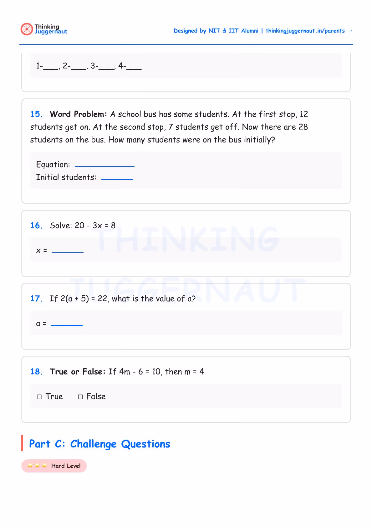 Class 5 basic algebra worksheet with problems including a word problem about students on a school bus, equations to solve for x and a, and a true or false question about an algebraic equation, ending with a note on challenge questions of hard level.