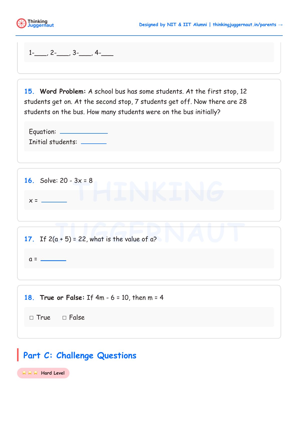 Class 5 basic algebra worksheet with problems including a word problem about students on a school bus, equations to solve for x and a, and a true or false question about an algebraic equation, ending with a note on challenge questions of hard level.
