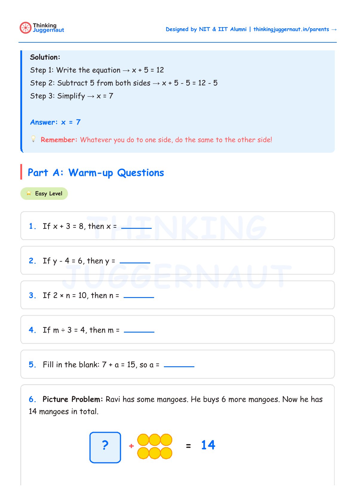 Class 5 basic algebra worksheet showing a solved example x + 5 = 12 and six warm-up questions involving simple algebraic equations and a picture problem with mangoes.
