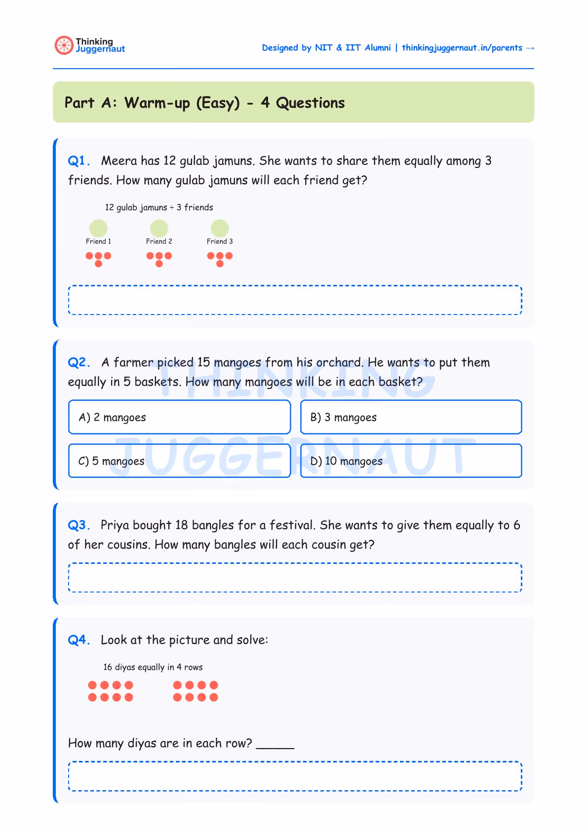 Class 3 math worksheet with 4 easy division word problems involving sharing gulab jamuns, mangoes, bangles, and diyas equally.