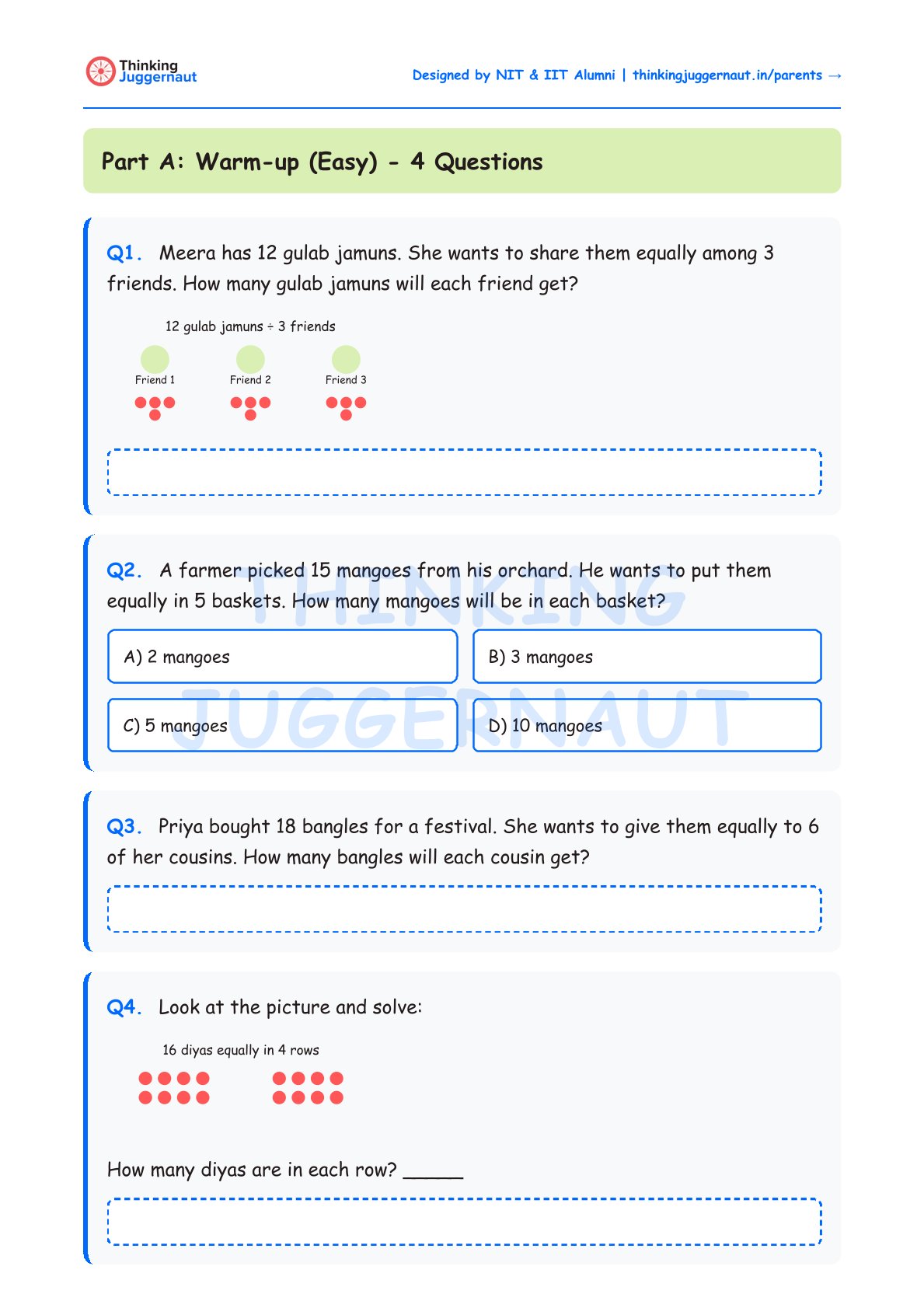 Class 3 math worksheet with 4 easy division word problems involving sharing gulab jamuns, mangoes, bangles, and diyas equally.