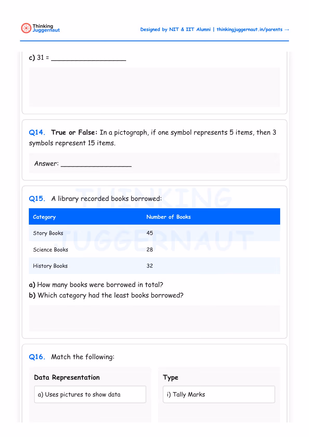 Math worksheet on data handling with questions about pictographs, books borrowed categorized by story, science, and history books, and matching data representation types.