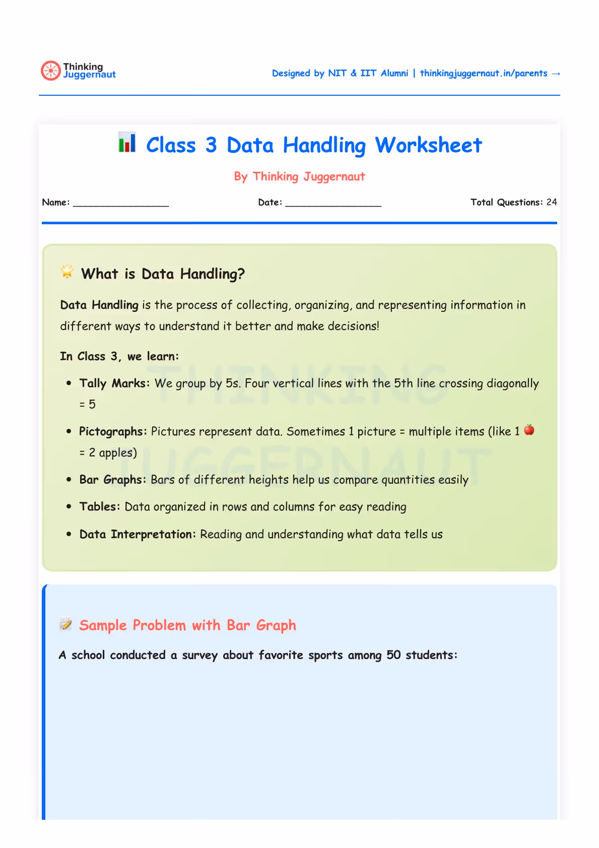 Class 3 Data Handling Worksheet explaining data handling concepts such as tally marks, pictographs, bar graphs, tables, and data interpretation, with space for a sample problem about favorite sports among 50 students.