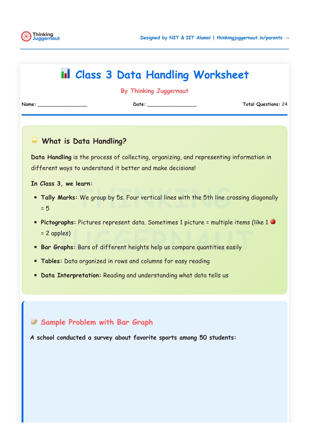 Class 3 Data Handling Worksheet explaining data handling concepts such as tally marks, pictographs, bar graphs, tables, and data interpretation, with space for a sample problem about favorite sports among 50 students.
