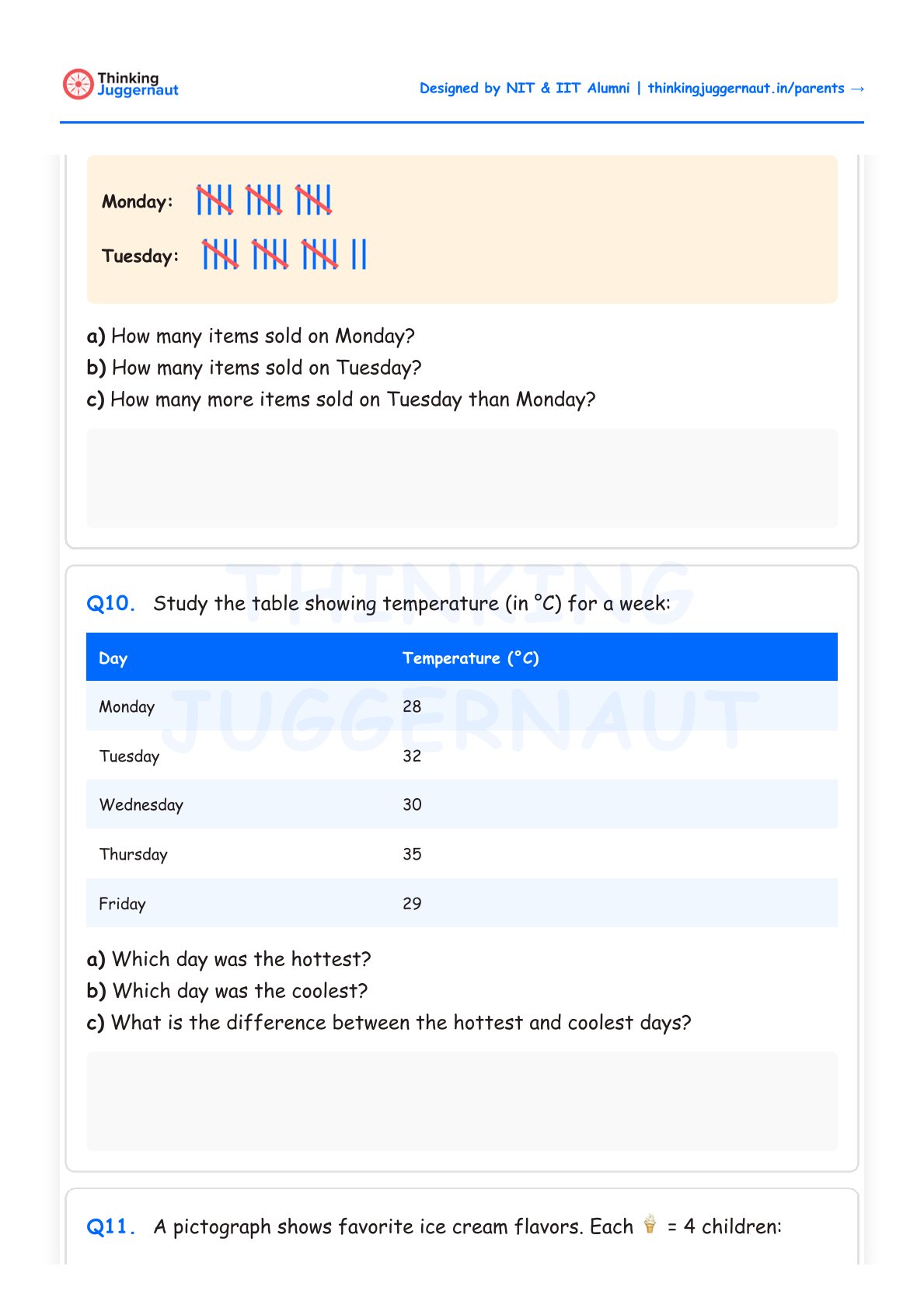 Worksheet with data handling exercises showing tally marks for Monday and Tuesday sales, and a temperature table for a week with days Monday to Friday and respective Celsius temperatures.