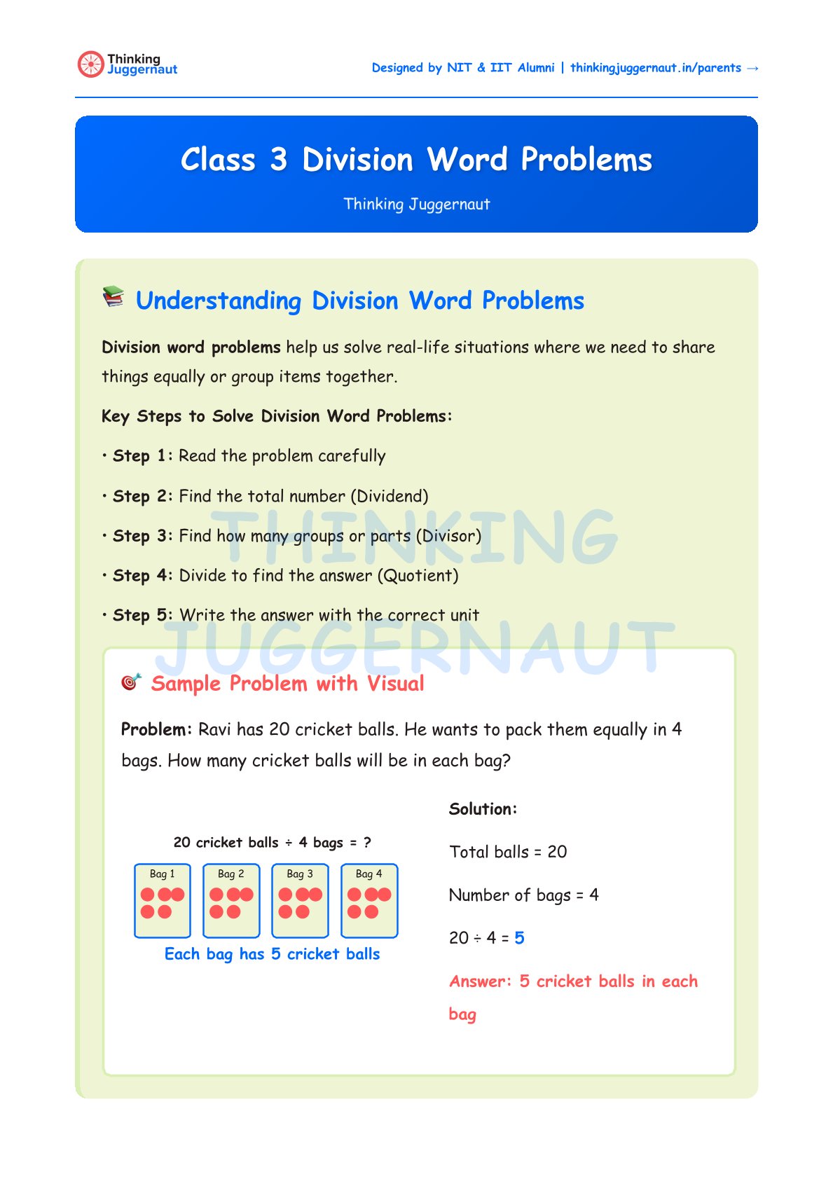 Class 3 division word problems worksheet explaining steps to solve division with an example of 20 cricket balls divided into 4 bags, showing each bag has 5 balls.