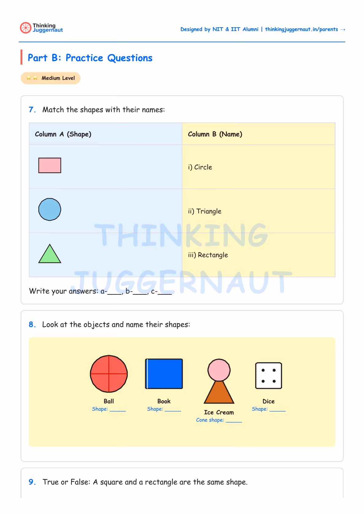 Worksheet with practice questions on shapes including matching shapes to names, naming shapes of objects like ball, book, ice cream cone, and dice.