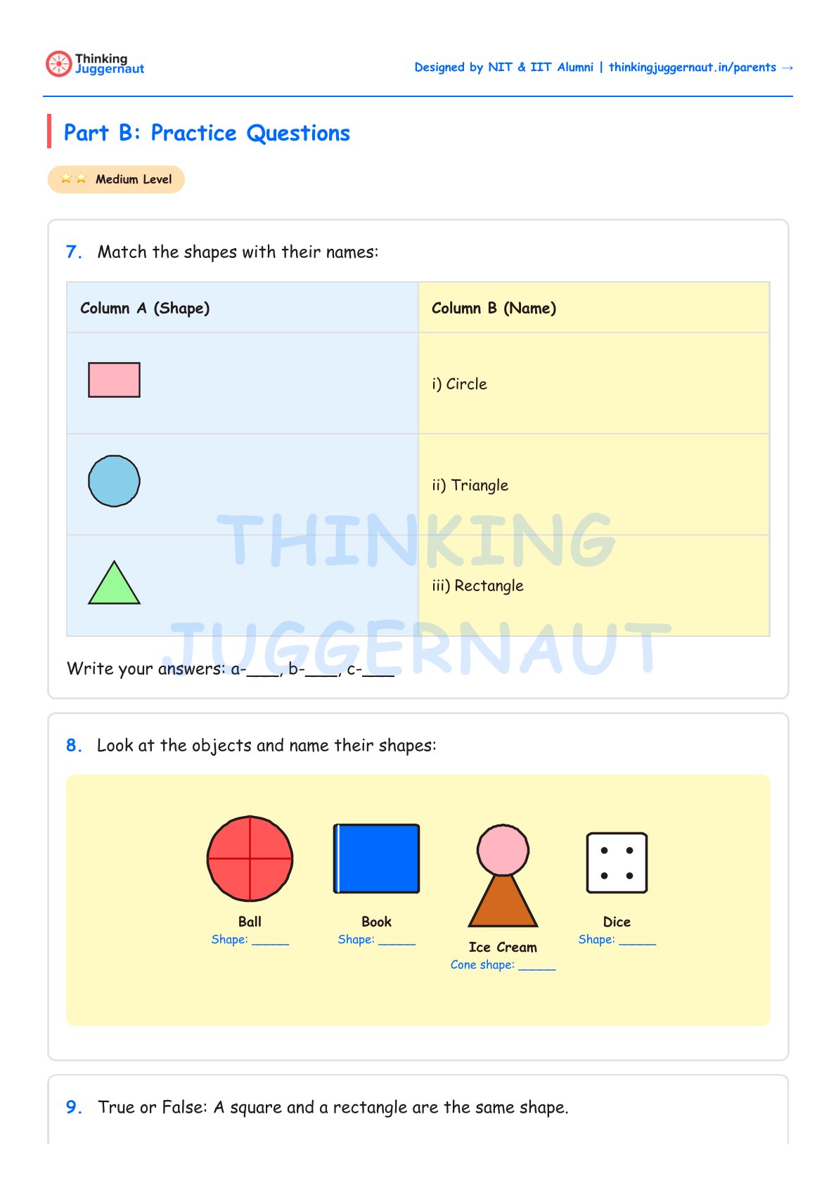 Worksheet with practice questions on shapes including matching shapes to names, naming shapes of objects like ball, book, ice cream cone, and dice.