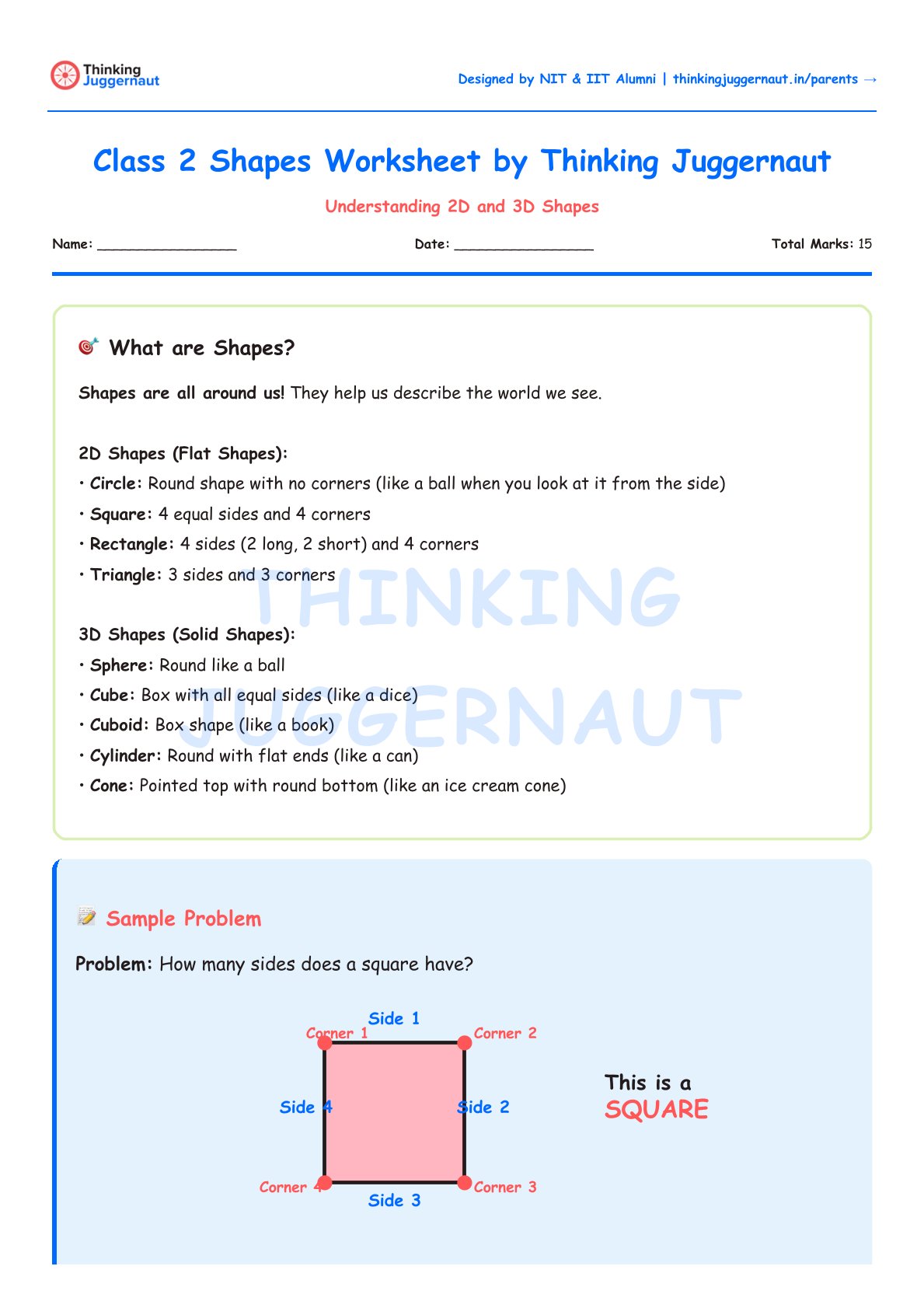 Class 2 shapes worksheet explaining 2D and 3D shapes with examples and a sample problem identifying the four sides and corners of a square.