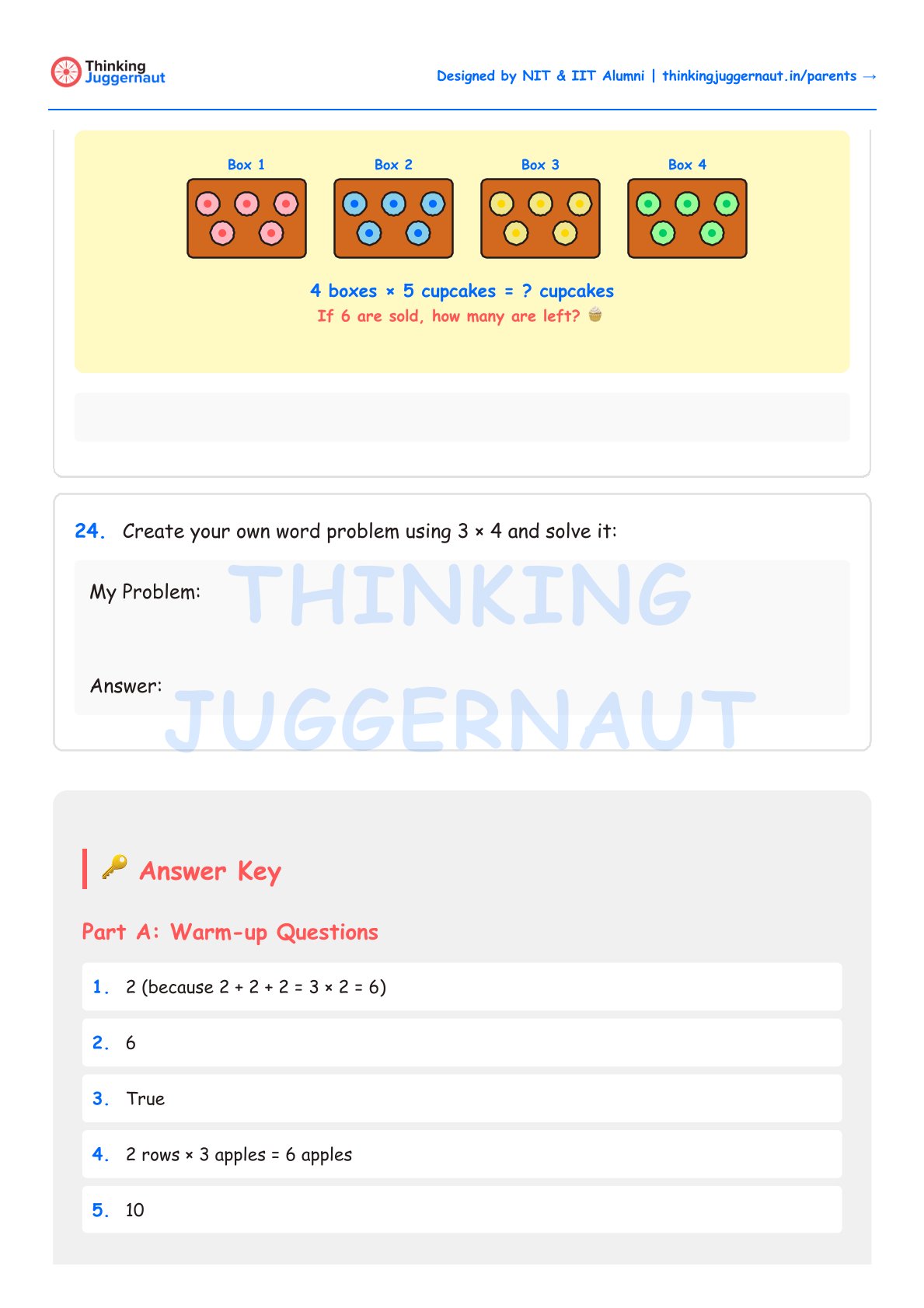 Math worksheet showing 4 boxes of 5 colorful cupcakes each, with a question about total cupcakes and remaining after selling 6, plus space to create and solve a multiplication word problem using 3 times 4, and an answer key with warm-up question solutions.