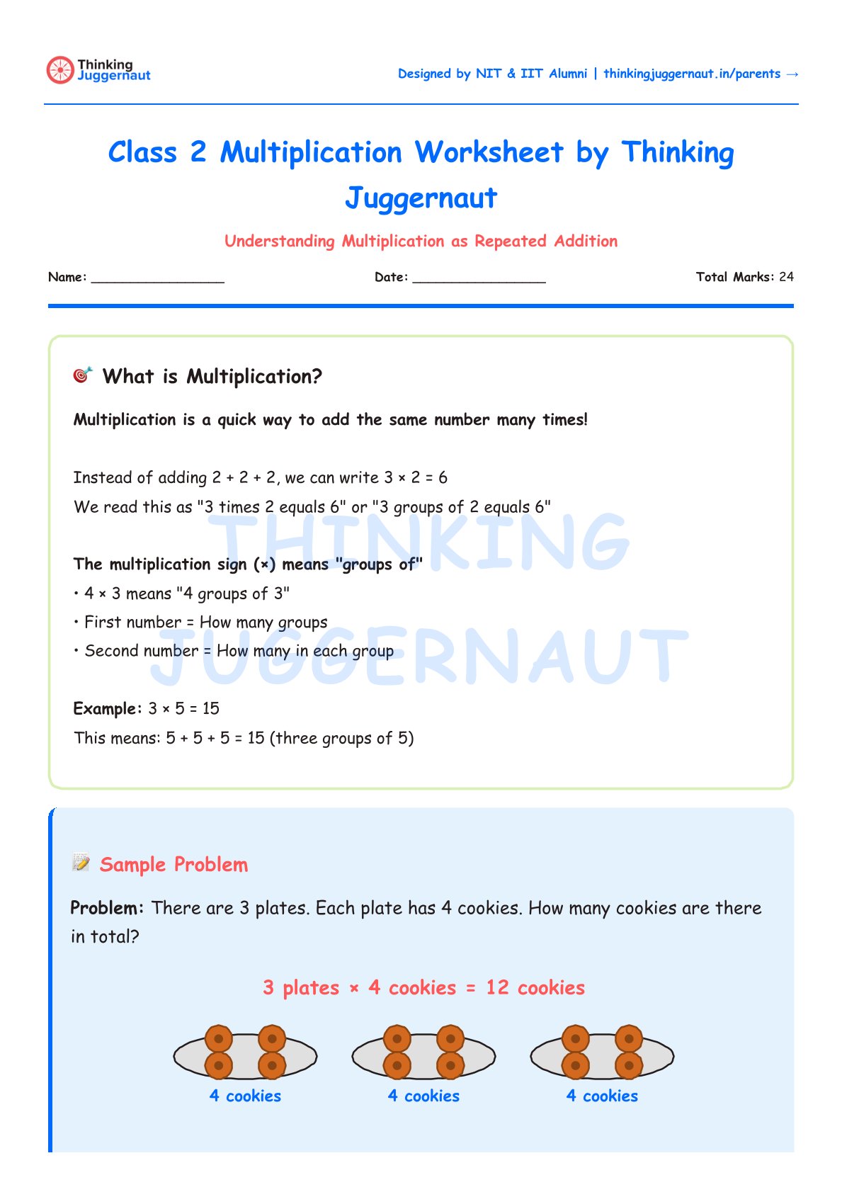 Class 2 multiplication worksheet explaining multiplication as repeated addition with an example problem showing 3 plates each with 4 cookies, totaling 12 cookies.