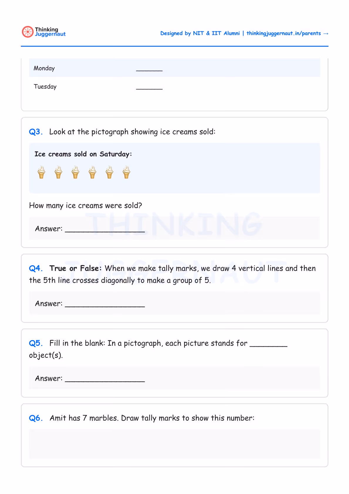 Worksheet with questions on data handling showing a pictograph with 6 ice cream cone icons representing ice creams sold on Saturday and questions about tally marks and pictographs.