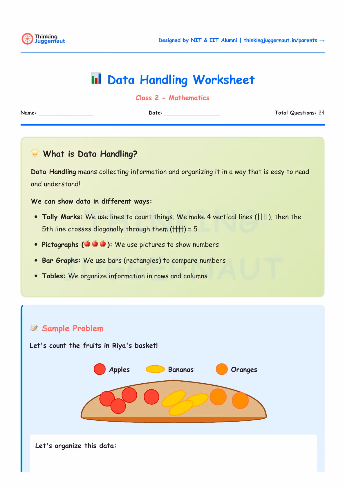 Class 2 Data Handling Worksheet explaining data handling concepts with tally marks, pictographs, bar graphs, and tables, featuring a sample problem counting apples, bananas, and oranges in a basket.