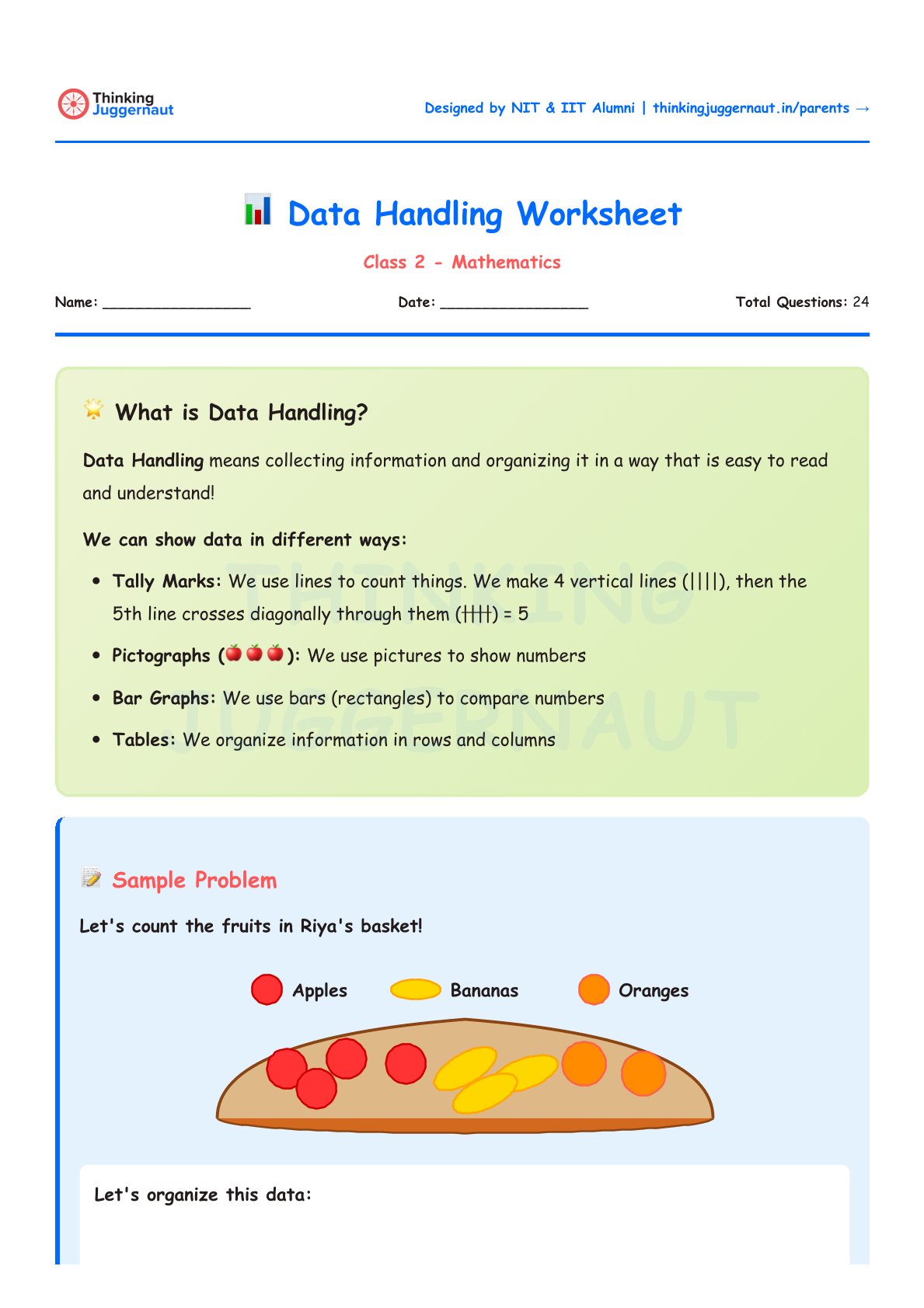 Class 2 Data Handling Worksheet explaining data handling concepts with tally marks, pictographs, bar graphs, and tables, featuring a sample problem counting apples, bananas, and oranges in a basket.