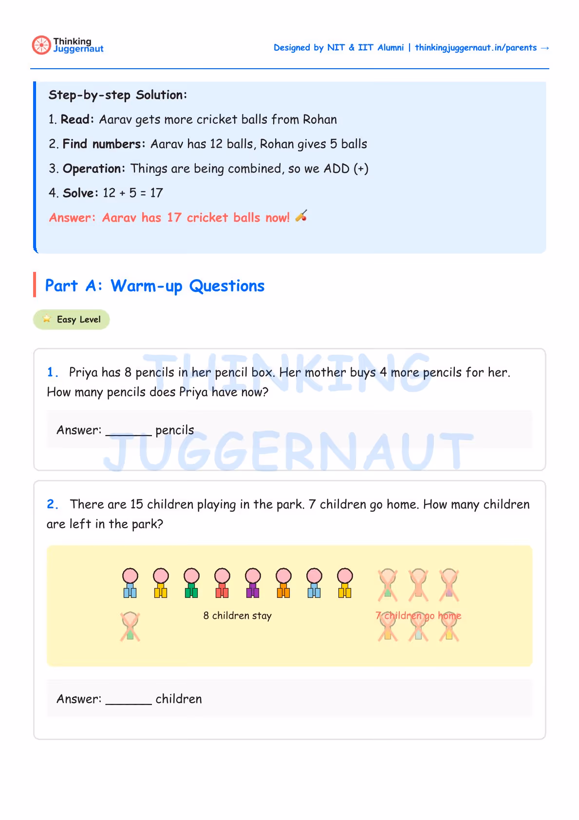 Page showing step-by-step addition word problem solution and two warm-up questions for kids involving pencils and children playing in a park.