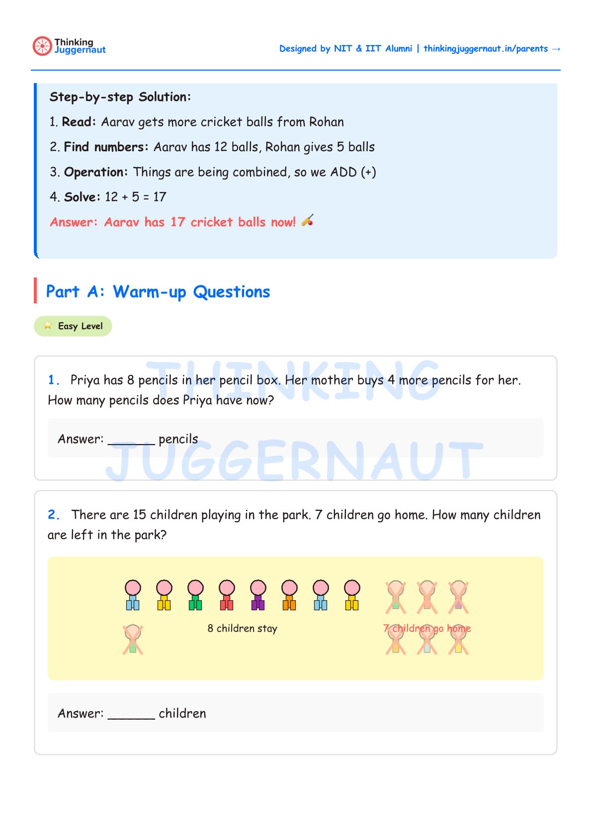 Page showing step-by-step addition word problem solution and two warm-up questions for kids involving pencils and children playing in a park.