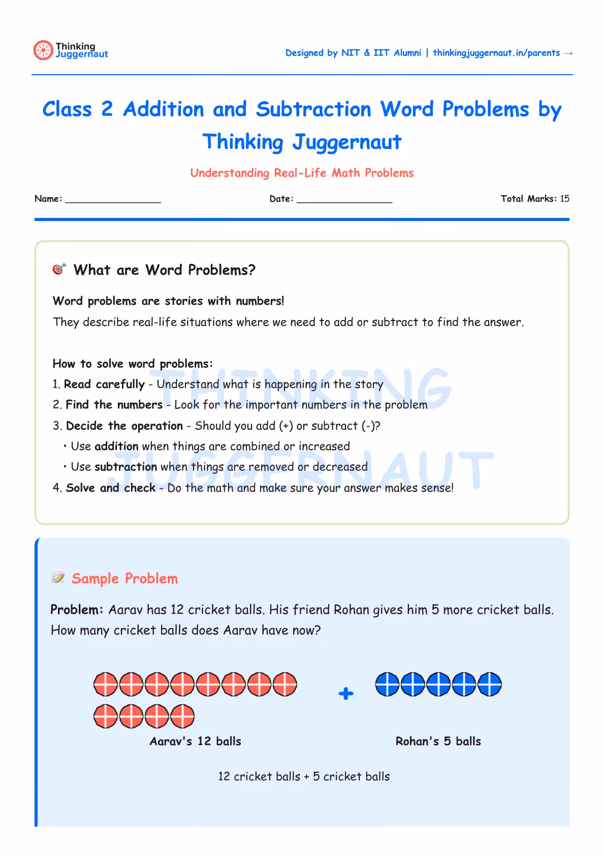 Class 2 math worksheet explaining word problems with a sample problem about adding 12 cricket balls and 5 cricket balls represented by red and blue ball icons.