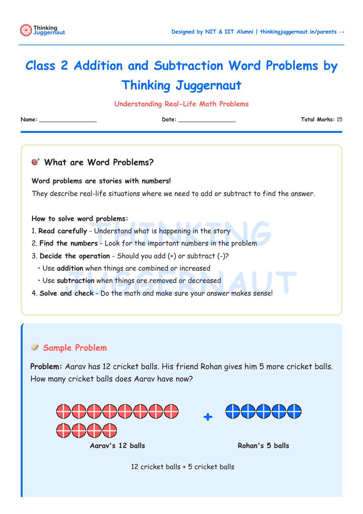 Class 2 math worksheet explaining word problems with a sample problem about adding 12 cricket balls and 5 cricket balls represented by red and blue ball icons.