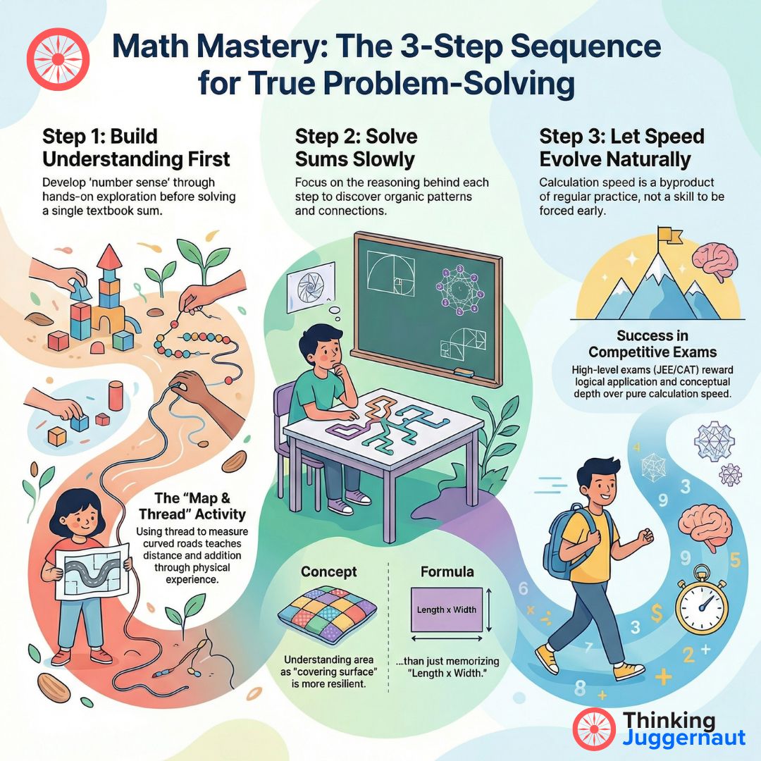 Infographic showing a 3-step math mastery sequence: Step 1 - Build understanding using hands-on activities like map and thread to learn distance and addition; Step 2 - Solve sums slowly by focusing on reasoning and discovering patterns with a student at a desk; Step 3 - Let speed evolve naturally through practice for success in competitive exams, illustrated by a student walking confidently with math symbols around.