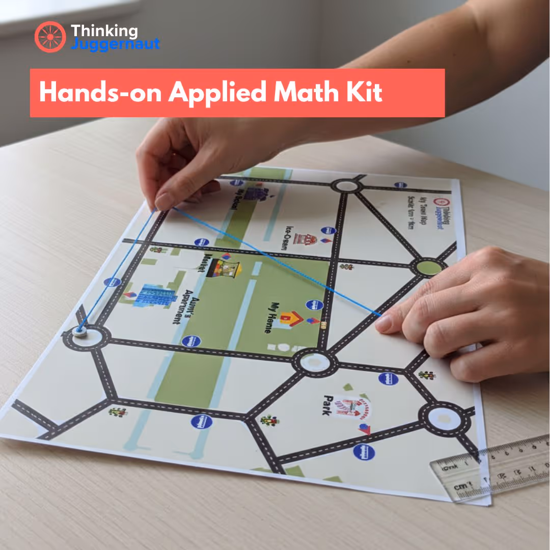 Hands manipulating a blue string on a printed city map with roads, roundabouts, and labeled locations such as My Home, Park, and Ice Cream.
