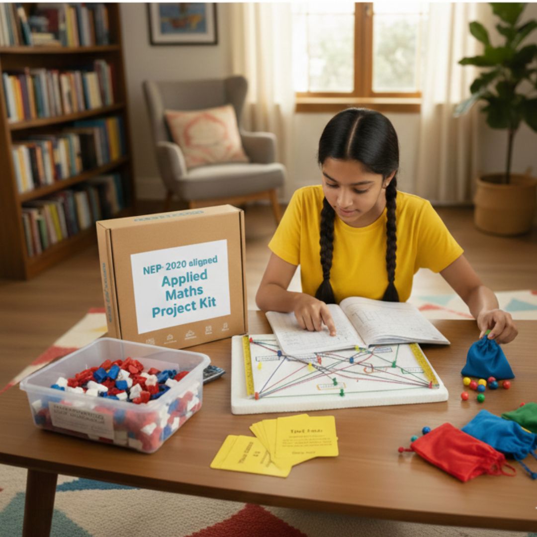 Girl in yellow shirt working on a math project with colorful strings, cubes, and cards from an Applied Maths Project Kit.