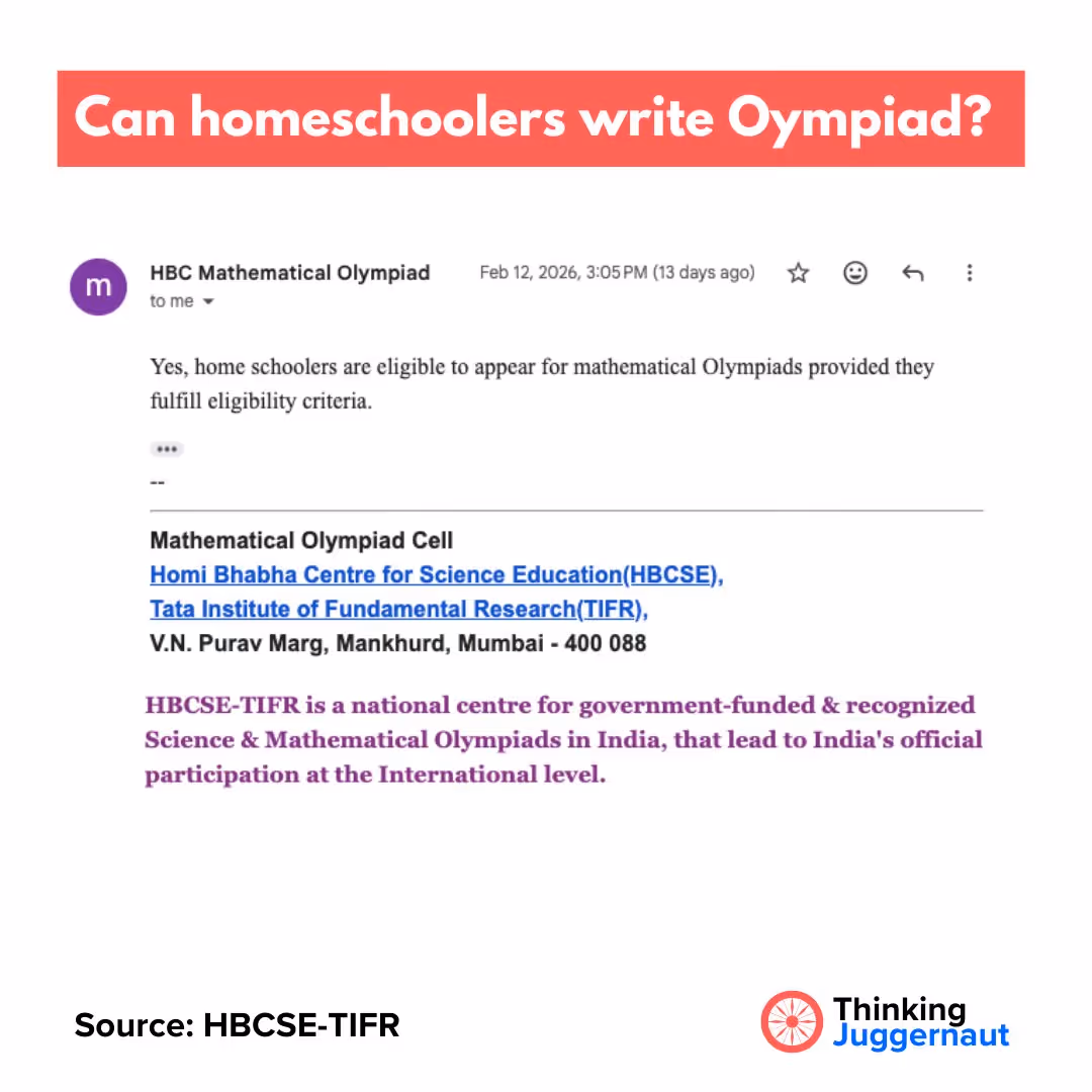 Email from HBC Mathematical Olympiad stating homeschoolers are eligible for mathematical Olympiads if they meet eligibility criteria.