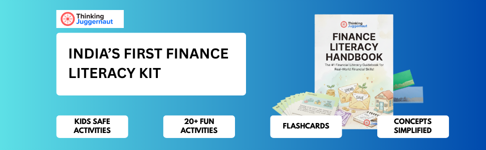 Banner promoting India's first finance literacy kit featuring a finance literacy handbook, flashcards, and benefits like kids safe activities, 20+ fun activities, and simplified concepts.